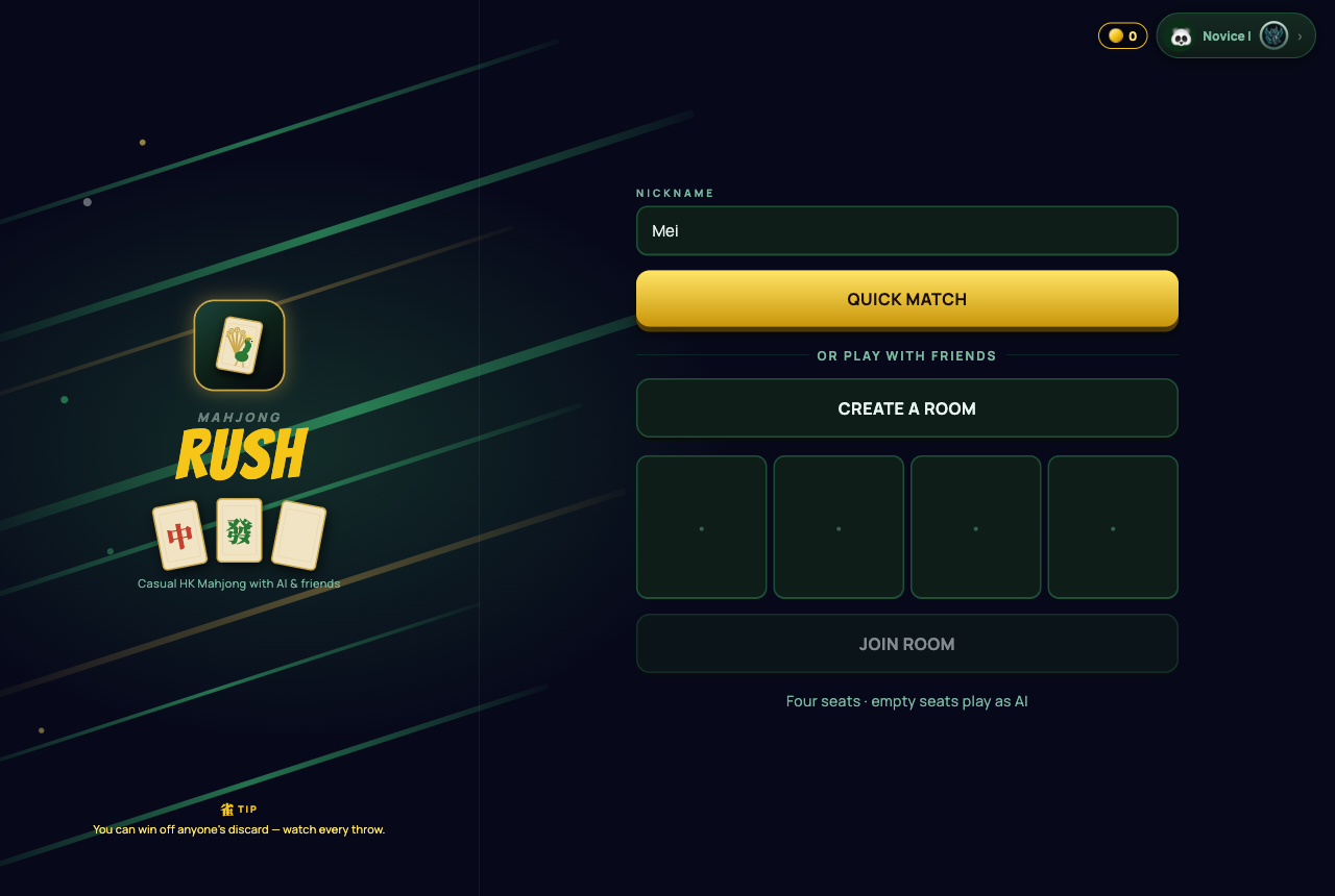 The MJ Rush home screen — Quick Match, Create a Room, and Join Room with a friend code.